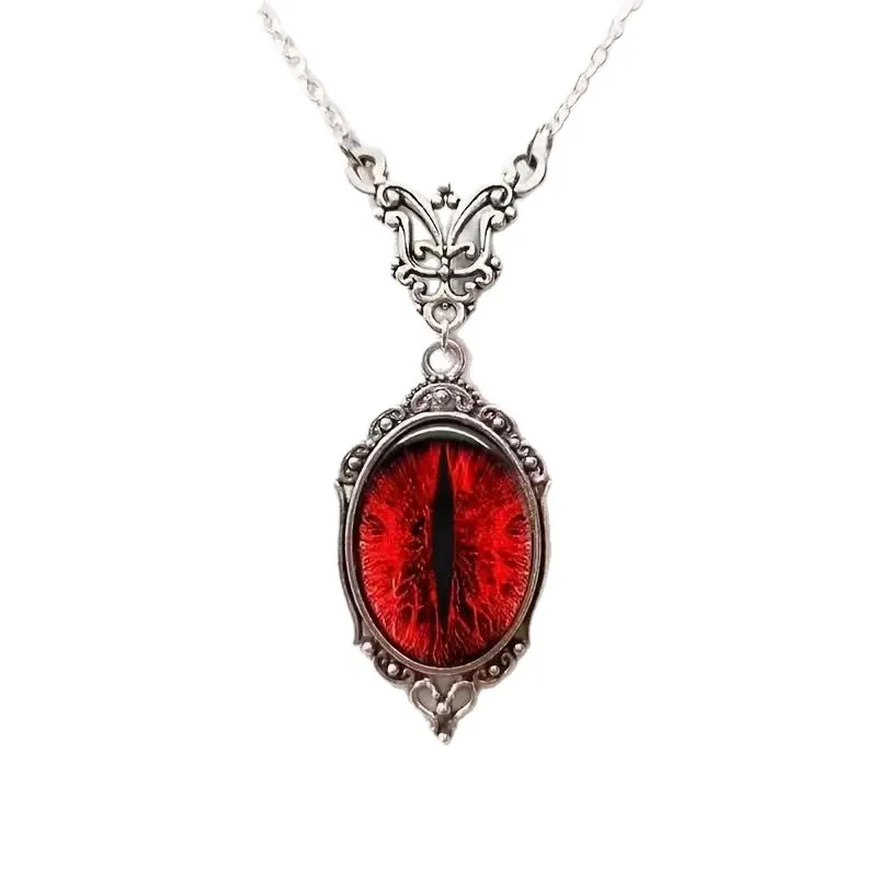 Gothic Blood Red Cat Eye Oval Pendant Necklace – Red Cat‘s Eye Cameo Design, Dark Vintage Jewelry, Perfect Gothic Gift for Men & Women